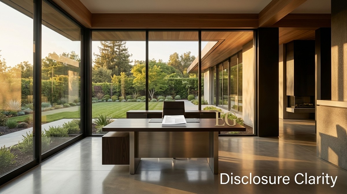 Modern office with large windows overlooking a lush green garden. Papers are stacked on a dark wood desk.