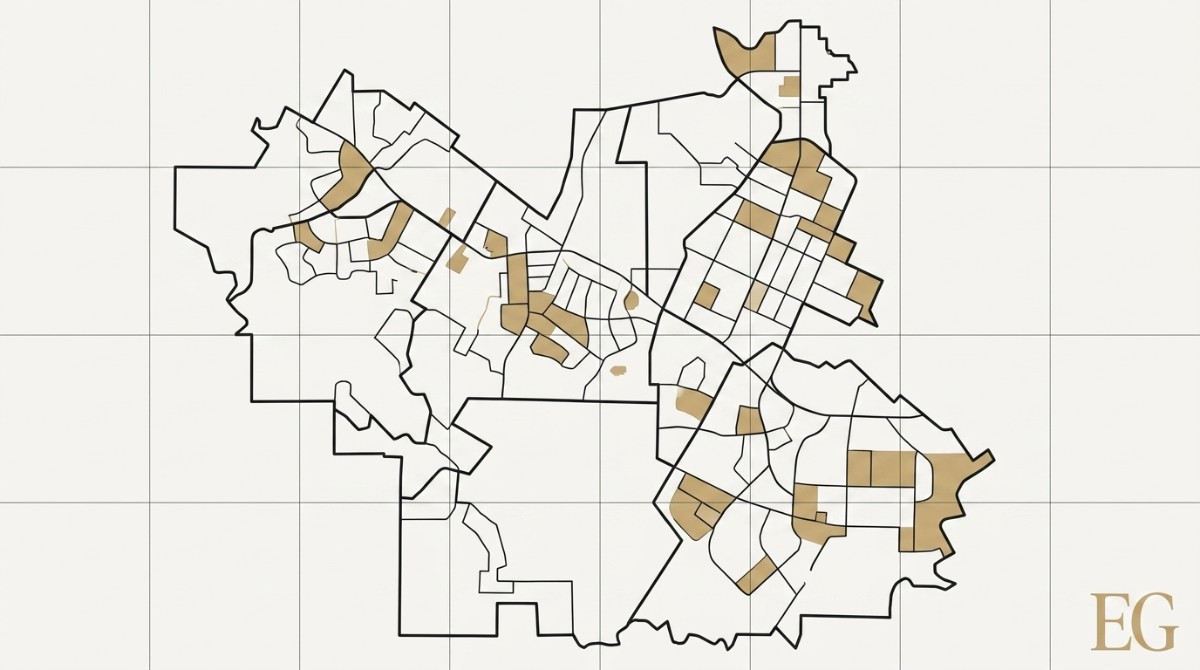 A light-colored map with black outlines showing school boundaries affecting home values, with some areas highlighted in tan.