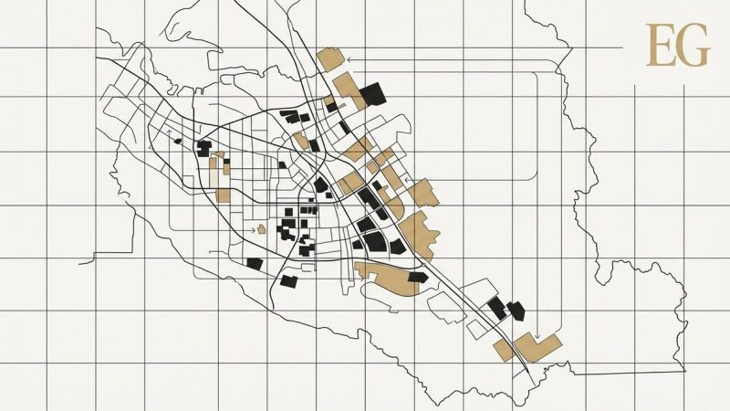 Stylized map of a city grid with roads, black and gold shaded areas, and the letters "EG" in gold.
