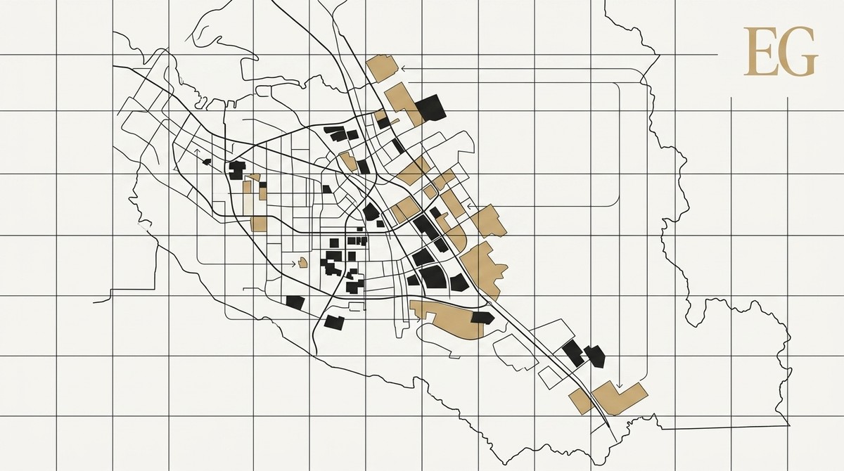 Stylized map of a city grid with roads, black and gold shaded areas, and the letters "EG" in gold.