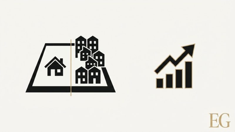 A single house on one side of a line, multiple houses on the other, and a rising bar graph.