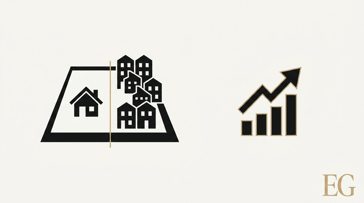 A single house on one side of a line, multiple houses on the other, and a rising bar graph.