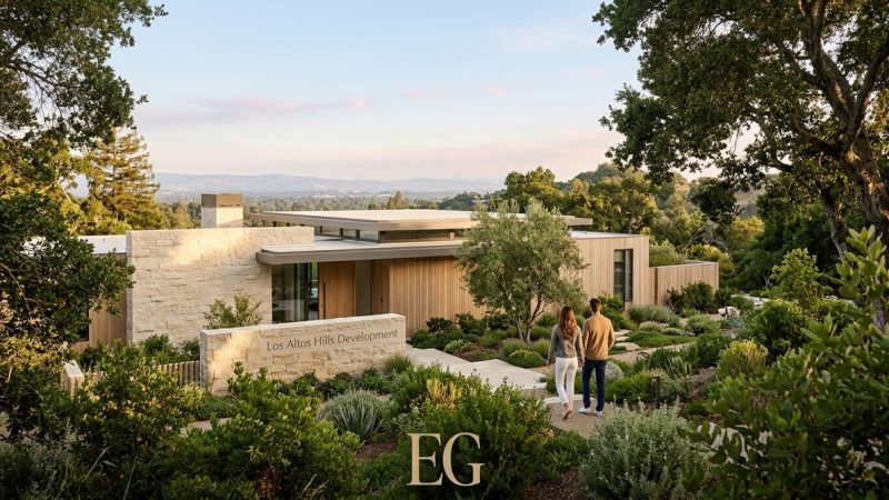 A couple walks toward a modern home with stone and wood siding, surrounded by lush Los Altos Hills development landscaping.