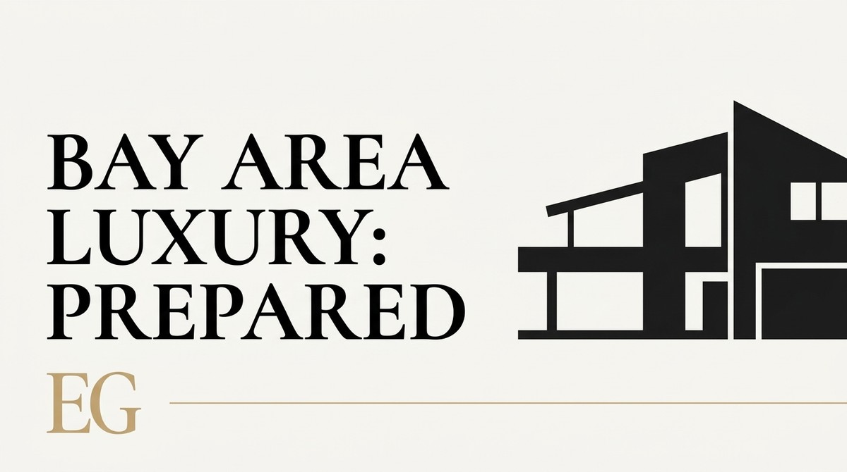 Black text "BAY AREA LUXURY: PREPARED" with a black silhouette of a modern house, on a light background.
