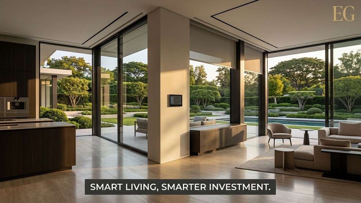 Modern open-plan living room and kitchen with floor-to-ceiling windows overlooking a lush garden and pool.