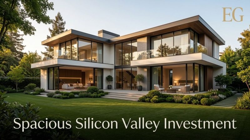 Modern San Jose luxury real estate with large windows, balconies, and a manicured lawn at sunset.