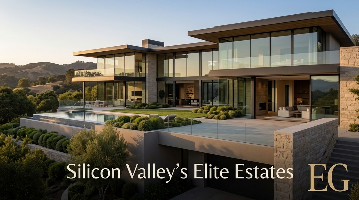 Modern Bay Area luxury home with expansive glass walls, infinity pool, and rolling hills in the background.