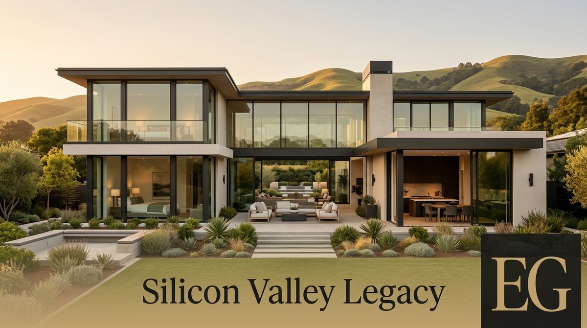 Modern Silicon Valley family home with large windows, outdoor patio, and rolling hills in the background.