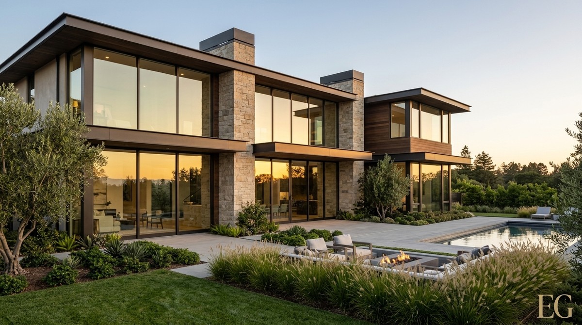 Modern luxury home with stone and wood exterior, large windows reflecting a sunset, a pool, and fire pit.