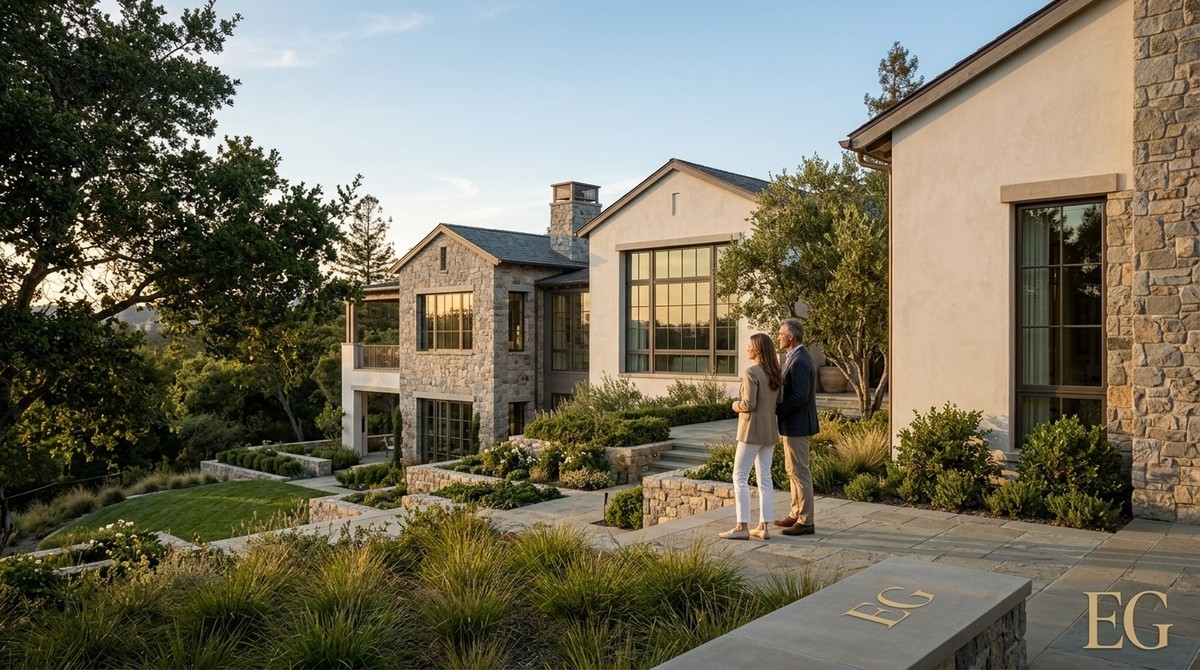Couple on a stone patio admiring a large, luxurious Silicon Valley home with stone and stucco walls, tiered landscaping.