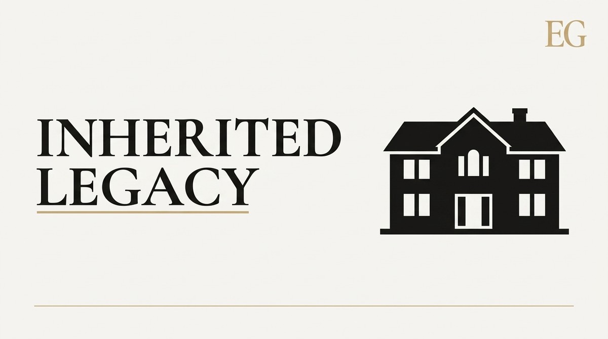 Text "INHERITED LEGACY" and a black silhouette of a two-story house with a chimney.