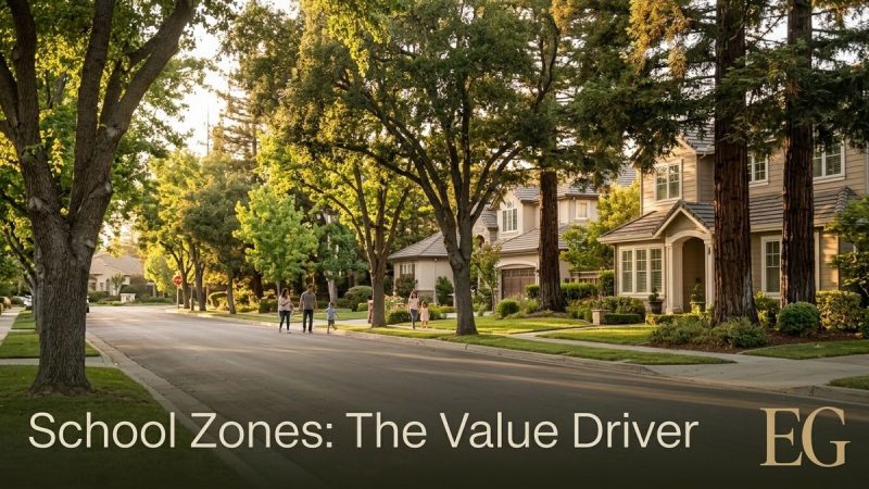A tree-lined suburban street with families walking, houses, and the text "School Zones: The Value Driver".