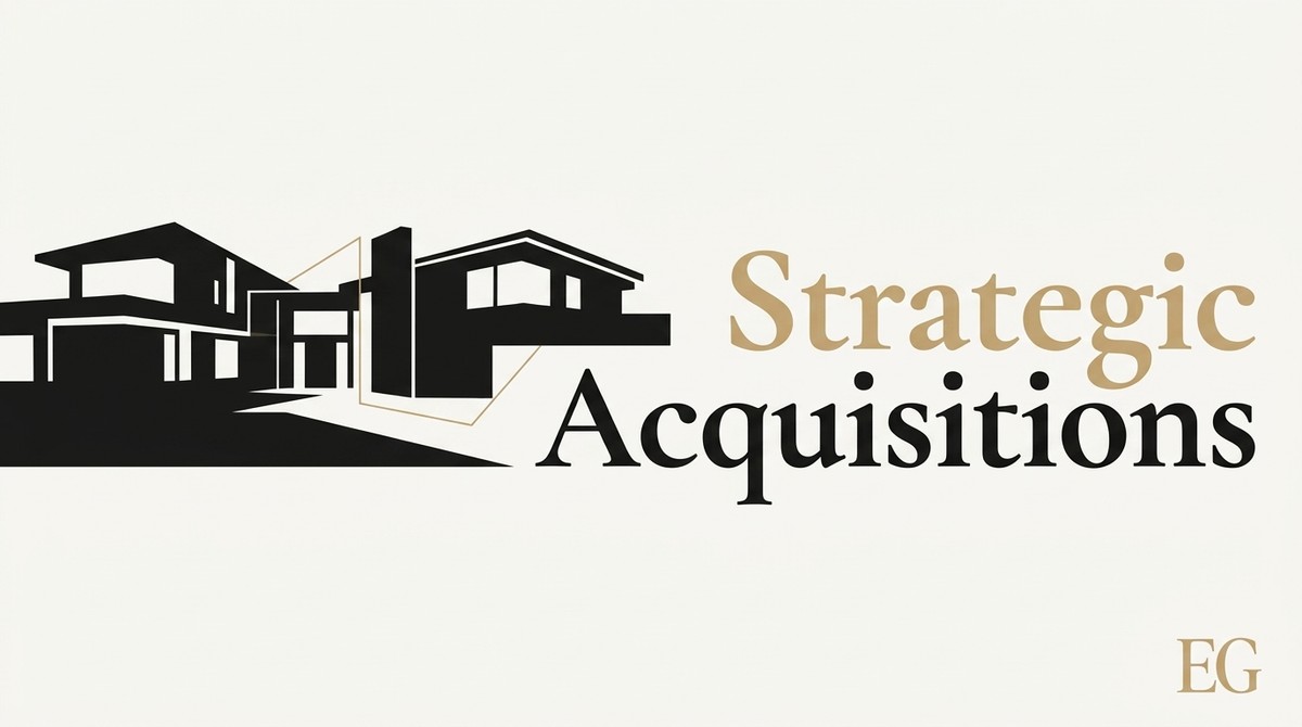 Modern house silhouette in black with gold lines, and "Strategic Acquisitions" text in gold and black.