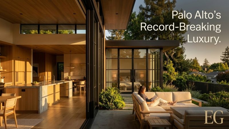 A woman reads on a patio sofa outside a modern home with a kitchen, bedroom, and lush greenery.