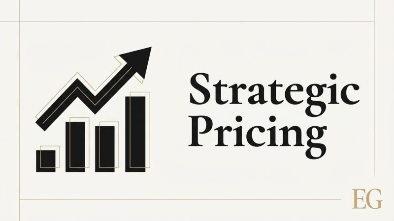 A bar graph with an upward-trending arrow and the words "Strategic Pricing.