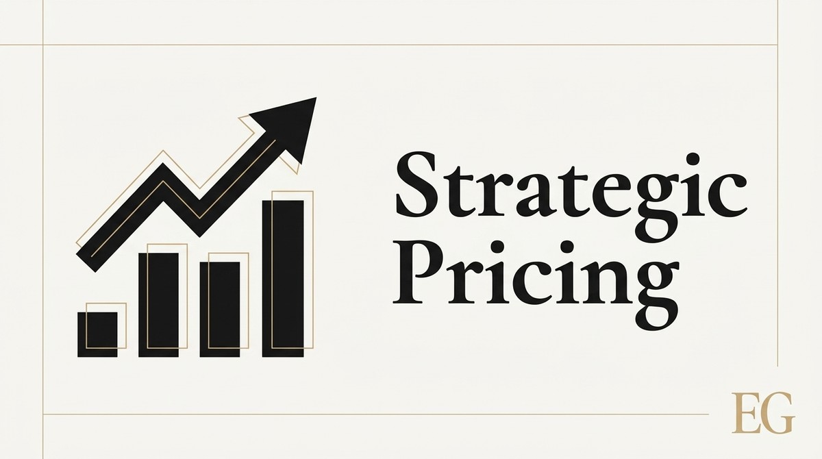 A bar graph with an upward-trending arrow and the words "Strategic Pricing.