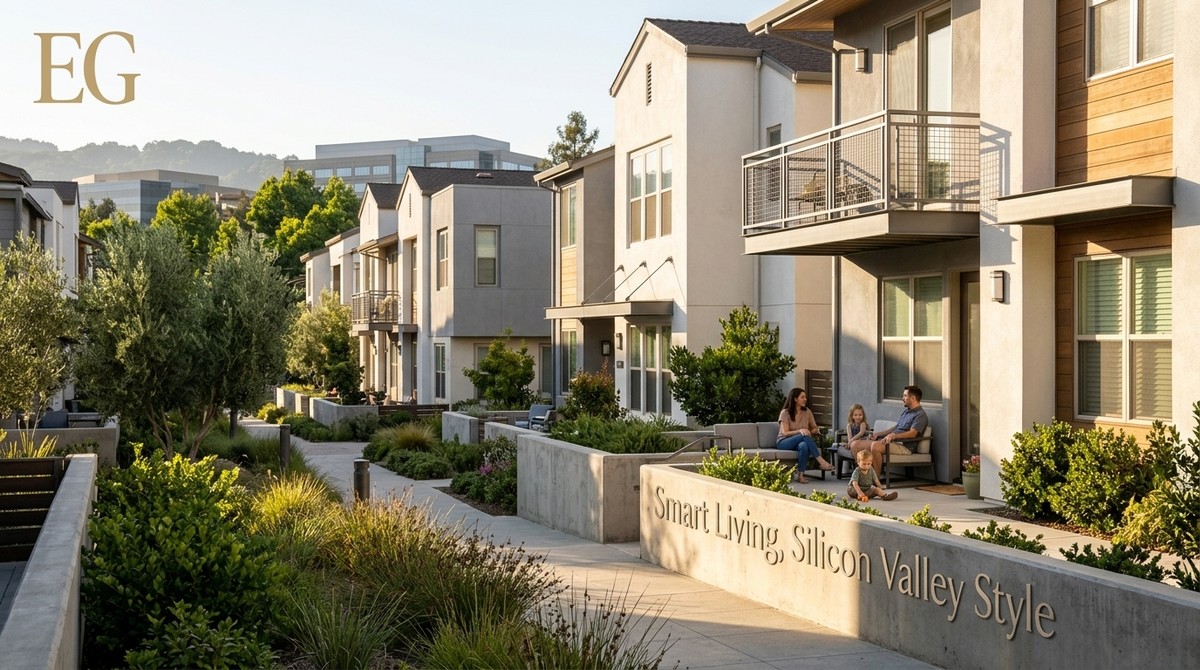 Modern Silicon Valley attached housing with a family on their patio. Lush landscaping and office buildings in background.