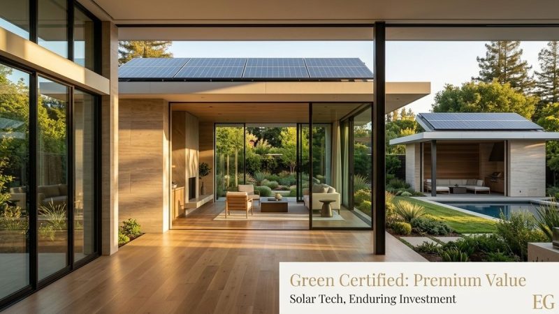 Modern home with solar panels, a pool, and a detached guesthouse, surrounded by lush landscaping.